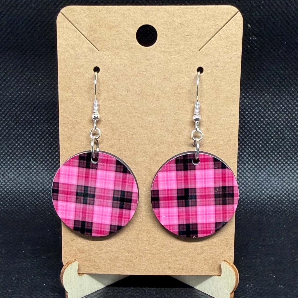 Hot Pink & Black Buffalo Plaid Wooden Dangle Earrings