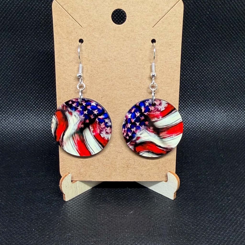 Patriotic Stars & Stripes Fluid Art Wooden Dangle Earrings