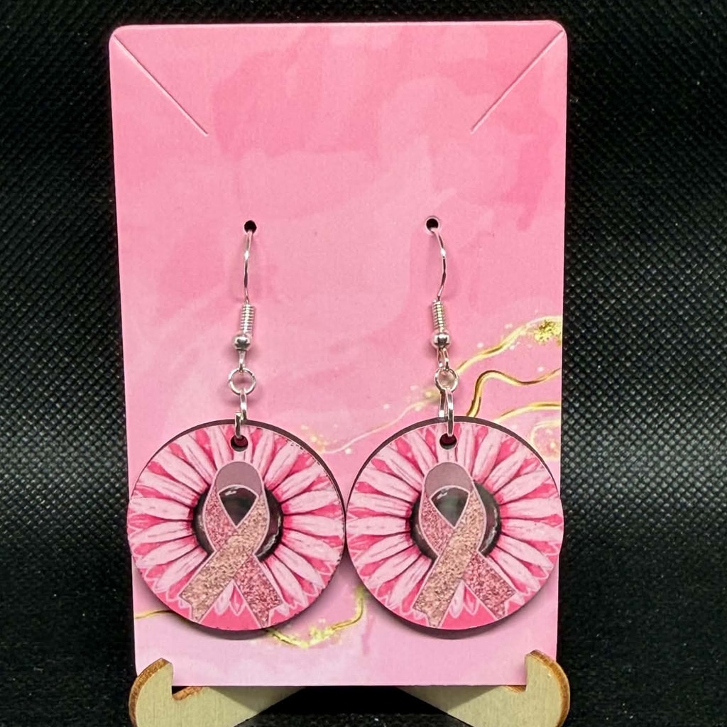 Pink Ribbon Hope & Daisy Bloom Wooden Dangle Earrings